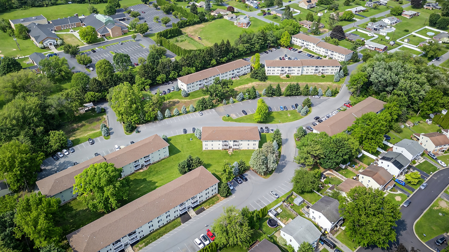 The Hills at Lehigh Aerial view of pet-friendly apartments for rent in Bethlehem, PA – Hills at Lehigh