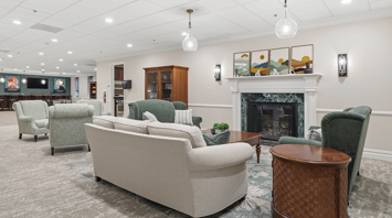 Horizons at the Village at Whitehall Welcoming community center with fireplace and lounge – Horizons at the Village at Whitehall | 55+ Community in Lehigh County, PA