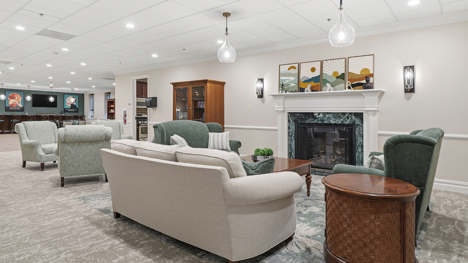 Horizons at the Village at Whitehall Welcoming community center with fireplace and lounge – Horizons at the Village at Whitehall | 55+ Community in Lehigh County, PA