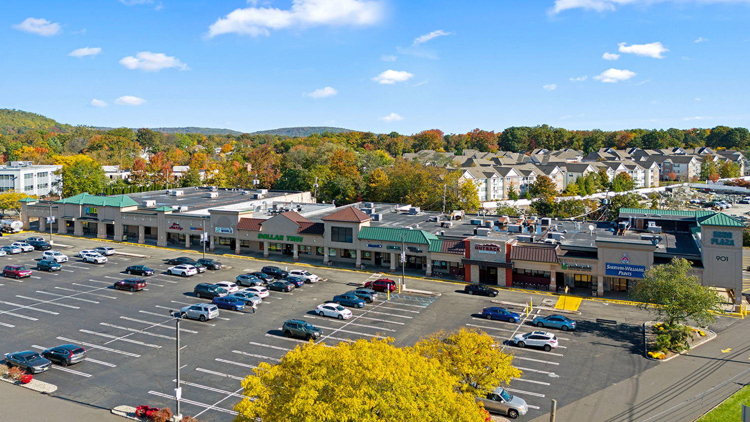 Aerial view of community center offering retail space for lease with ample parking and highway frontage in Springfield, NJ – Echo Plaza Shopping Center