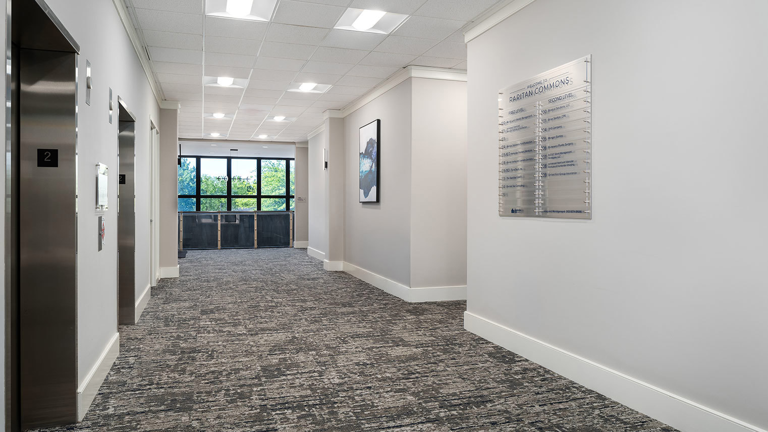 Raritan Commons First-floor hallway with office suite available for lease at Raritan Commons in Flemington, NJ