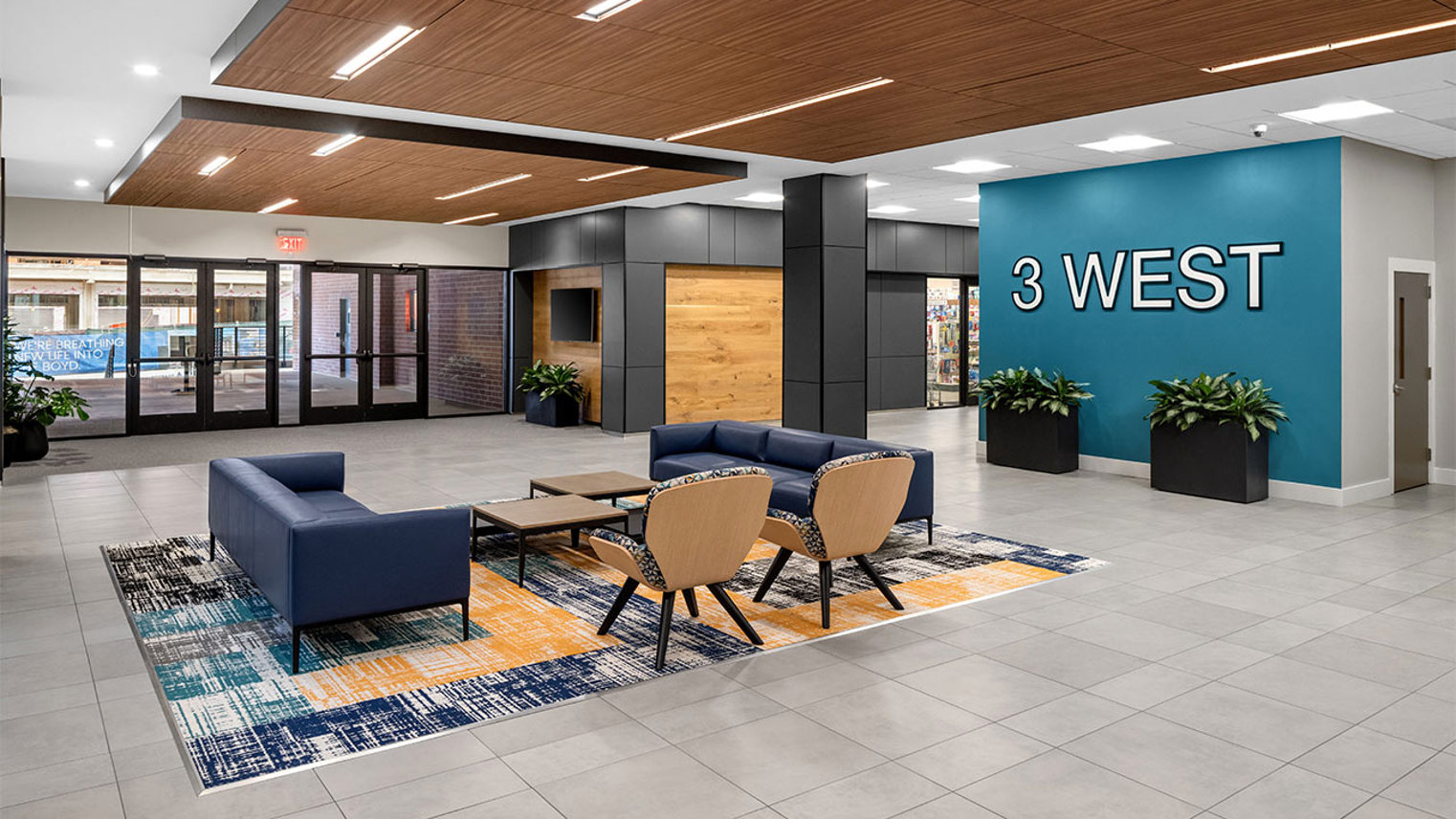 3 West Newly renovated lobby with new signage and flooring in two-story building offering retail and office space for lease in Downtown Bethlehem, PA – 3 West