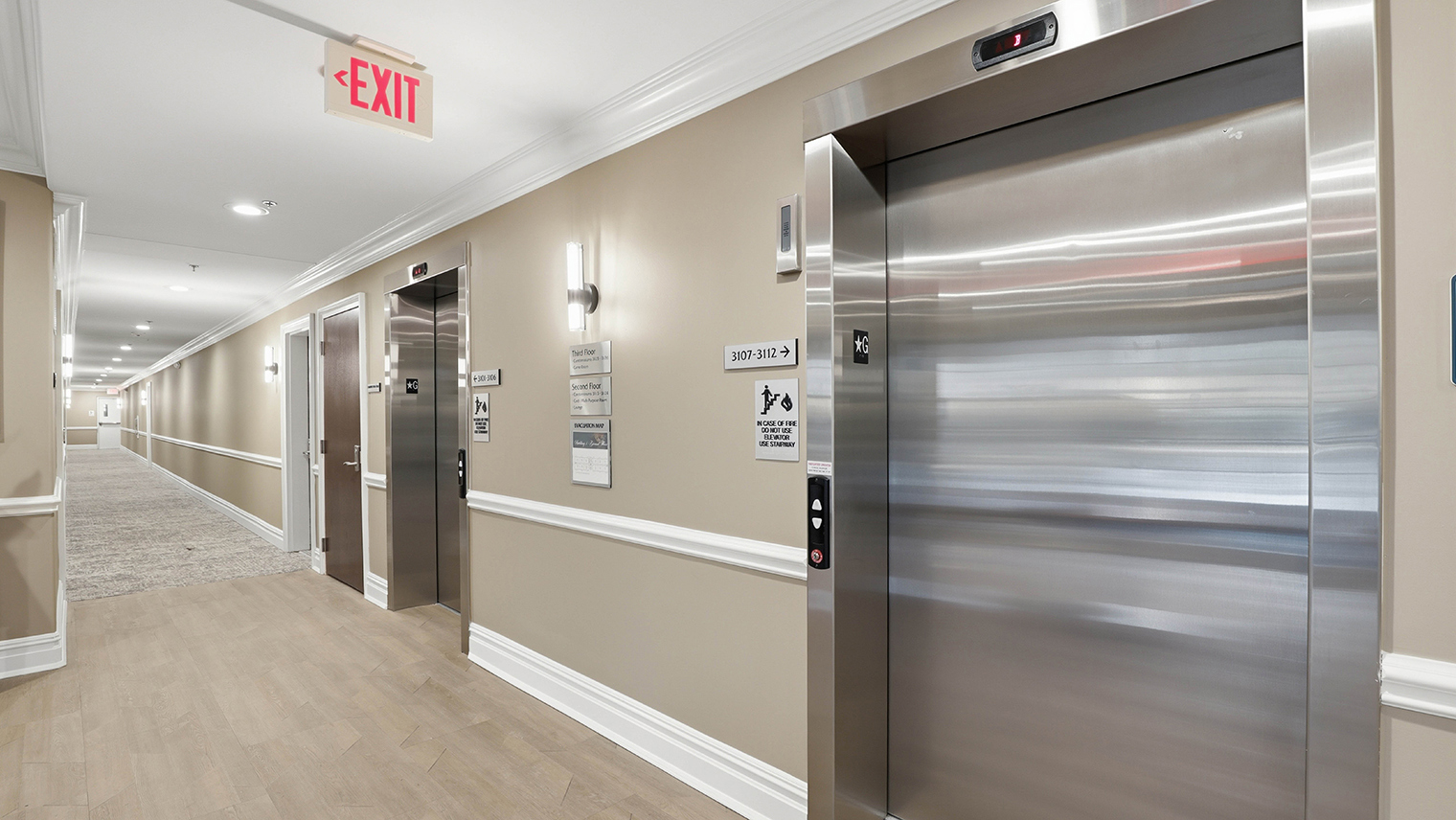 Horizons at the Village at Whitehall Building lobby entrance with convenient elevators – Horizons at the Village at Whitehall | 55+ Community in Lehigh County, PA