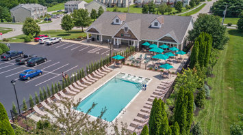 The View at Mackenzi Aerial pool view of garden apartments in York, PA – The View at Mackenzi