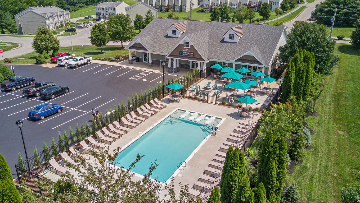 The View at Mackenzi Aerial pool view of garden apartments in York, PA – The View at Mackenzi