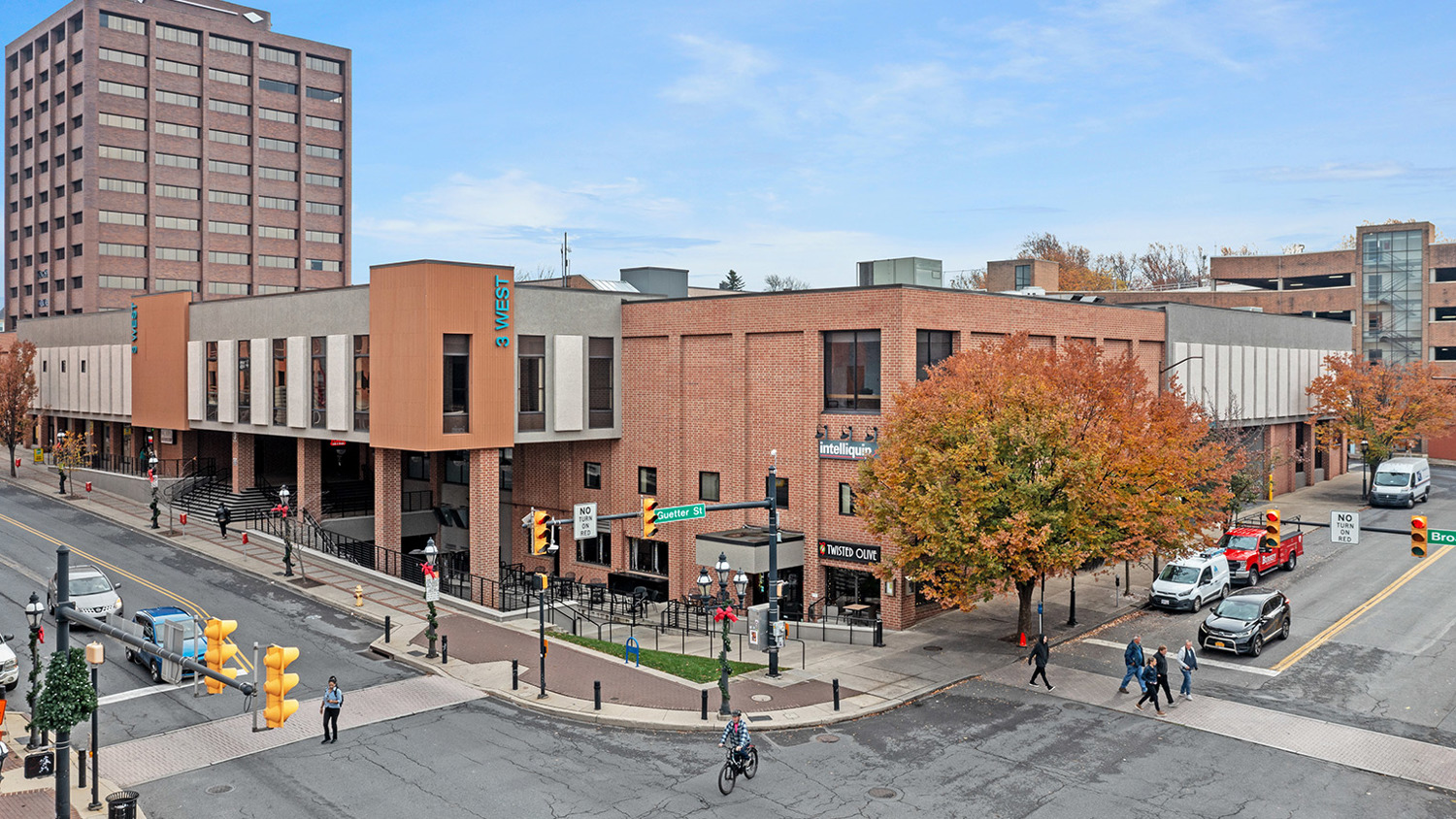 Aerial view of two-story building with retail and office space for lease in downtown Bethlehem, PA within walking distance of boutiques, restaurants and shops – 3 West