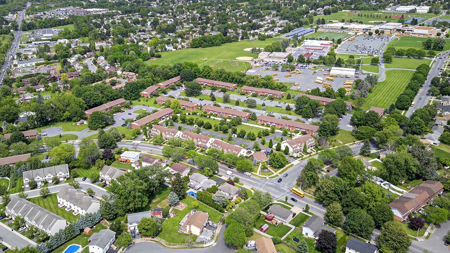 The Meadows at Lehigh Aerial view of pet-friendly apartments and townhomes in Bethlehem, PA – Meadows at Lehigh