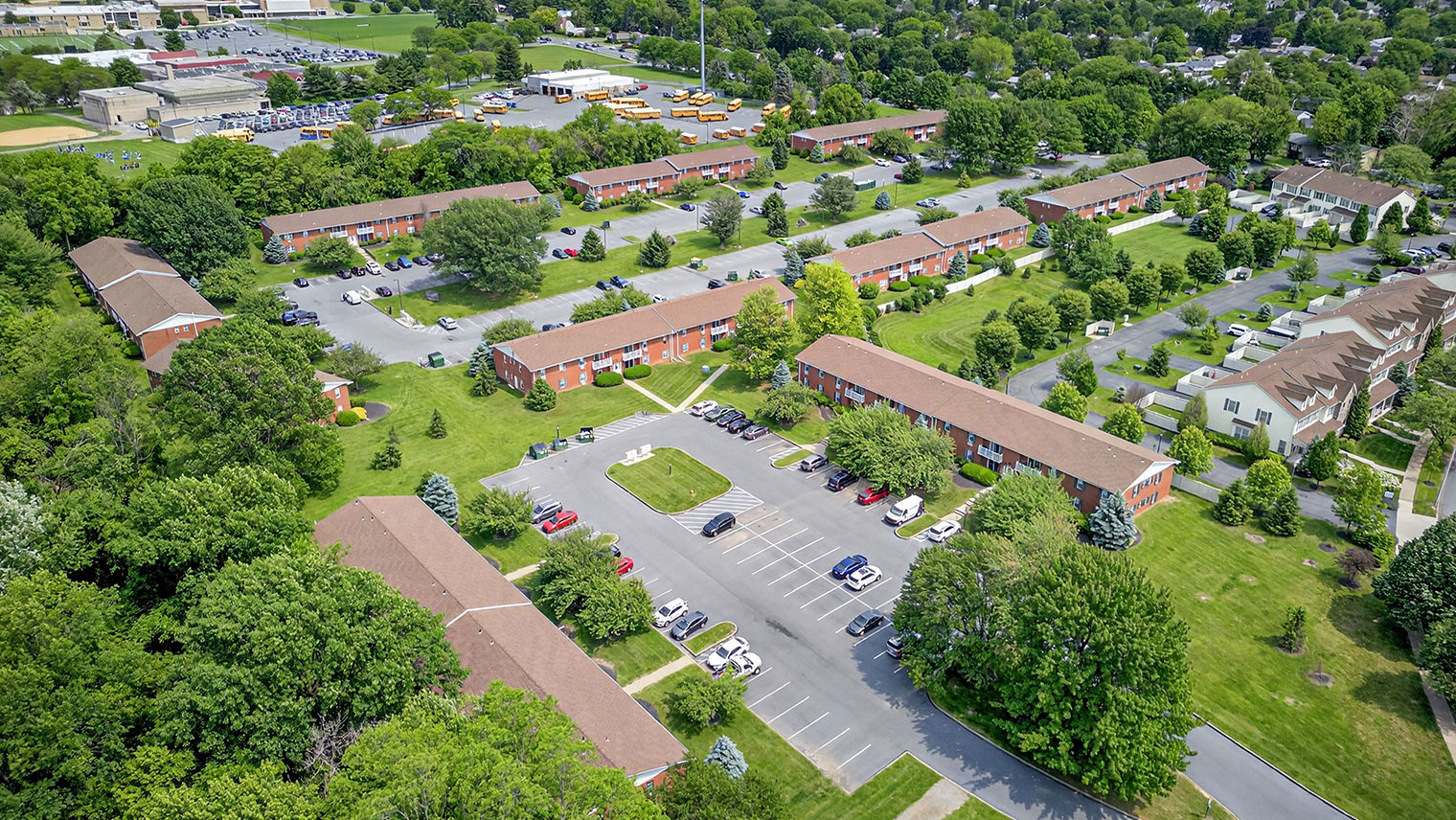 The Meadows at Lehigh Aerial view of pet-friendly 1-2 bedroom apartments and 3-bedroom townhomes in Bethlehem, PA – Meadows at Lehigh